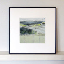 Load image into Gallery viewer, Semi-abstract layered original painting in yellow, grey and blue framed.