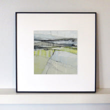 Load image into Gallery viewer, Semi-abstract mixed media painting in whites, greys and yellows framed.