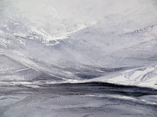 Load image into Gallery viewer, Reflections in Grey by Sarah Knight, pale delicate oil painting of mountains and lake reflections