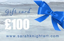 Load image into Gallery viewer, Gift card with a blue bow on an oil painting background, displaying £100 value and web address.