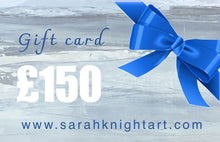 Load image into Gallery viewer, Gift card with a blue bow on a blue-grey background, displaying £150 value and website link.