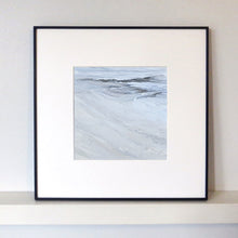Load image into Gallery viewer, Ros Beach I by Sarah Knight. An original semi-abstract oil seascape of calm seas in blue and grey with optional frame