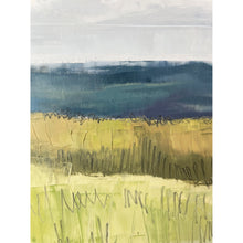 Load image into Gallery viewer, Abstract painting with horizontal brush strokes in blue, green, and brown on a white background