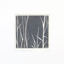 Load image into Gallery viewer, Bamboo Stalks hand printed linocut finished with pencil details by London artist Sarah Knight in dark grey or green