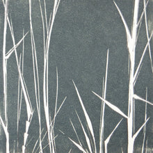 Load image into Gallery viewer, Bamboo Stalks hand printed linocut finished with pencil details by London artist Sarah Knight in dark grey or green