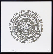 Load image into Gallery viewer, Hand printed linocut by artist Sarah Knight. Beachwood Rings is available in either grey or ochre, both in an optional navy blue frame.
