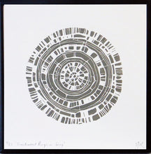 Load image into Gallery viewer, Hand printed linocut by artist Sarah Knight. Beachwood Rings is available in either grey or ochre, both in an optional navy blue frame.