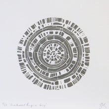 Load image into Gallery viewer, Hand printed linocut by artist Sarah Knight. Beachwood Rings is available in grey, in an optional navy blue frame.
