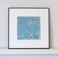 Load image into Gallery viewer, Cow Parsley hand printed linocut finished with pencil details by London artist Sarah Knight in Stone Blue or Purbeck Stone Framed