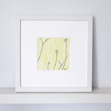 Load image into Gallery viewer, Hand printed linocut by artist Sarah Knight in yellow and grey or brown and blue. Limited edition made with hand mixed inks.