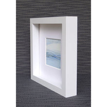 Load image into Gallery viewer, Seascape XIV by Sarah Knight. An original semi-abstract mini oil seascape of calm seas in blue, cream and grey with optional frame