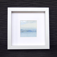 Load image into Gallery viewer, Seascape XIV by Sarah Knight. An original semi-abstract mini oil seascape of calm seas in blue, cream and grey with optional frame