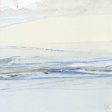 Load image into Gallery viewer, Seascape XIV by Sarah Knight. An original semi-abstract mini oil seascape of calm seas in blue, cream and grey with optional frame