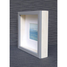 Load image into Gallery viewer, Seascape XVIII by Sarah Knight. An original semi-abstract mini oil seascape of calm seas in blue, green and grey with optional frame side