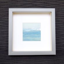 Load image into Gallery viewer, Seascape XVIII by Sarah Knight. An original semi-abstract mini oil seascape of calm seas in blue, green and grey with optional frame
