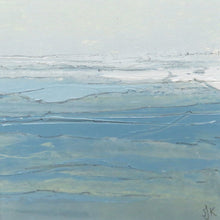 Load image into Gallery viewer, Seascape XVIII by Sarah Knight. An original semi-abstract mini oil seascape of calm seas in blue, green and grey with optional frame