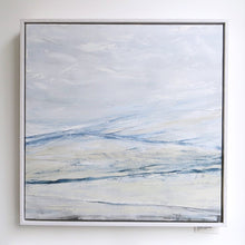 Load image into Gallery viewer, Seascape in Cerulean Blue by Sarah Knight. An original semi-abstract large oil seascape painted in shades of blue, white and grey framed