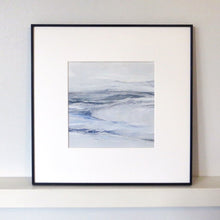 Load image into Gallery viewer, Seascape in Lismer Blue by Sarah Knight. An original semi-abstract mini oil seascape of calm seas in blue, green and grey with optional frame