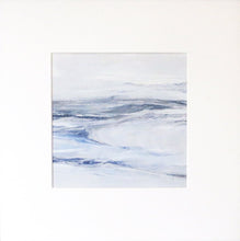 Load image into Gallery viewer, Seascape in Lismer Blue by Sarah Knight. An original semi-abstract mini oil seascape of calm seas in blue, green and grey with optional frame in mount