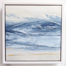 Load image into Gallery viewer, Stone Blue Storm by Sarah Knight. An original semi-abstract oil seascape painted in shades of blue and grey framed in white wood