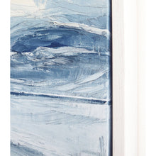 Load image into Gallery viewer, Stone Blue Storm by Sarah Knight. An original semi-abstract oil seascape painted in shades of blue and grey framed in white wood frame detail
