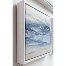 Load image into Gallery viewer, Stone Blue Storm by Sarah Knight. An original semi-abstract oil seascape painted in shades of blue and grey framed in white wood side