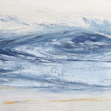 Load image into Gallery viewer, Stone Blue Storm by Sarah Knight. An original semi-abstract oil seascape painted in shades of blue and grey framed in white wood detail
