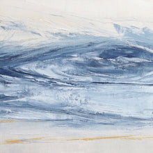 Load image into Gallery viewer, Stone Blue Storm by Sarah Knight. An original semi-abstract oil seascape painted in shades of blue and grey framed in white wood detail