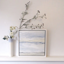 Load image into Gallery viewer, Tofino Seascape by Sarah Knight. An original semi-abstract oil seascape painted in shades of blue and grey framed in white wood