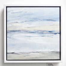Load image into Gallery viewer, Tofino Seascape by Sarah Knight. An original semi-abstract oil seascape painted in shades of blue and grey framed in white wood
