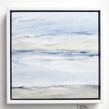 Load image into Gallery viewer, Tofino Seascape by Sarah Knight. An original semi-abstract oil seascape painted in shades of blue and grey framed in white wood