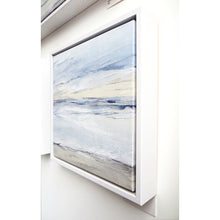 Load image into Gallery viewer, Tofino Seascape by Sarah Knight. An original semi-abstract oil seascape painted in shades of blue and grey framed in white wood