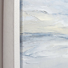 Load image into Gallery viewer, Tofino Seascape by Sarah Knight. An original semi-abstract oil seascape painted in shades of blue and grey framed in white wood close up
