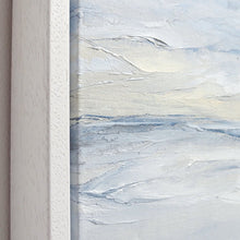 Load image into Gallery viewer, Tofino Seascape by Sarah Knight. An original semi-abstract oil seascape painted in shades of blue and grey framed in white wood close up