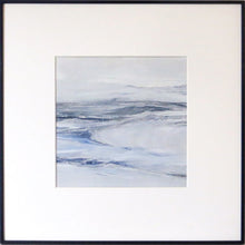 Load image into Gallery viewer, Wall Seascape in Lismer Blue by Sarah Knight. An original semi-abstract mini oil seascape of calm seas in blue and grey with optional frame
