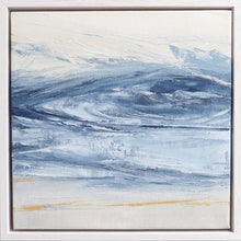Load image into Gallery viewer, Wall Stone Blue Storm by Sarah Knight. An original semi-abstract oil seascape painted in shades of blue and grey framed in white wood
