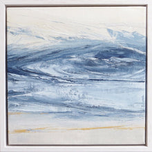 Load image into Gallery viewer, Wall Stone Blue Storm by Sarah Knight. An original semi-abstract oil seascape painted in shades of blue and grey framed in white wood