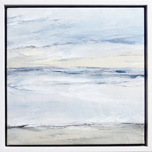Load image into Gallery viewer, Wall Tofino Seascape by Sarah Knight. An original semi-abstract oil seascape painted in shades of blue and grey framed in white wood