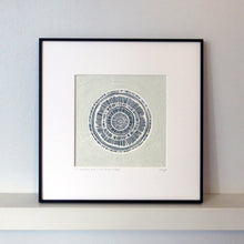 Load image into Gallery viewer, Hand printed linocut by artist Sarah Knight in shades of blue turquoise and grey. Limited edition produced in hand mixed inks. Framed.