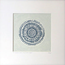 Load image into Gallery viewer, Hand printed linocut by artist Sarah Knight in shades of blue turquoise and grey. Limited edition produced in hand mixed inks. Mounted.