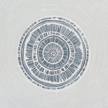 Load image into Gallery viewer, Hand printed linocut by artist Sarah Knight in shades of blue turquoise and grey. Limited edition produced in hand mixed inks.