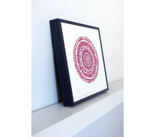 Load image into Gallery viewer, Hand printed linocut by artist Sarah Knight. Weathered Woodrings is available in either crimson or teal, both in an optional navy blue frame. Side