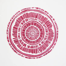 Load image into Gallery viewer, Hand printed linocut by artist Sarah Knight. Weathered Woodrings is available in either crimson or teal, both in an optional navy blue frame.