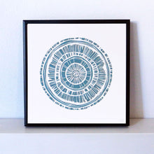 Load image into Gallery viewer, Hand printed linocut by artist Sarah Knight. Weathered Woodrings is available in either crimson or teal, both in an optional navy blue frame.