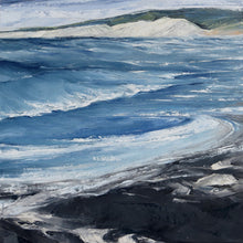 Load image into Gallery viewer, Artistic depiction of a coastal landscape with blue water and rocky shore by Sarah Knight
