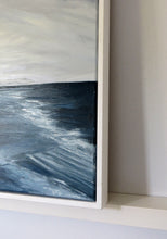 Load image into Gallery viewer, Abstract painting with wavy blue and white patterns in a white frame.
