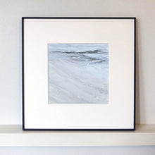 Load image into Gallery viewer, Ros Beach I by Sarah Knight. An original semi-abstract oil seascape of calm seas in blue and grey with optional frame
