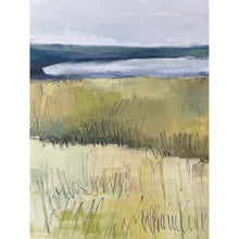 Load image into Gallery viewer, Abstract landscape painting with green fields and a gray sky.

