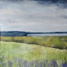 Load image into Gallery viewer, Painting of a landscape with green fields and a cloudy sky

