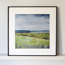 Load image into Gallery viewer, Framed painting of a landscape with green fields and a blue sky.
